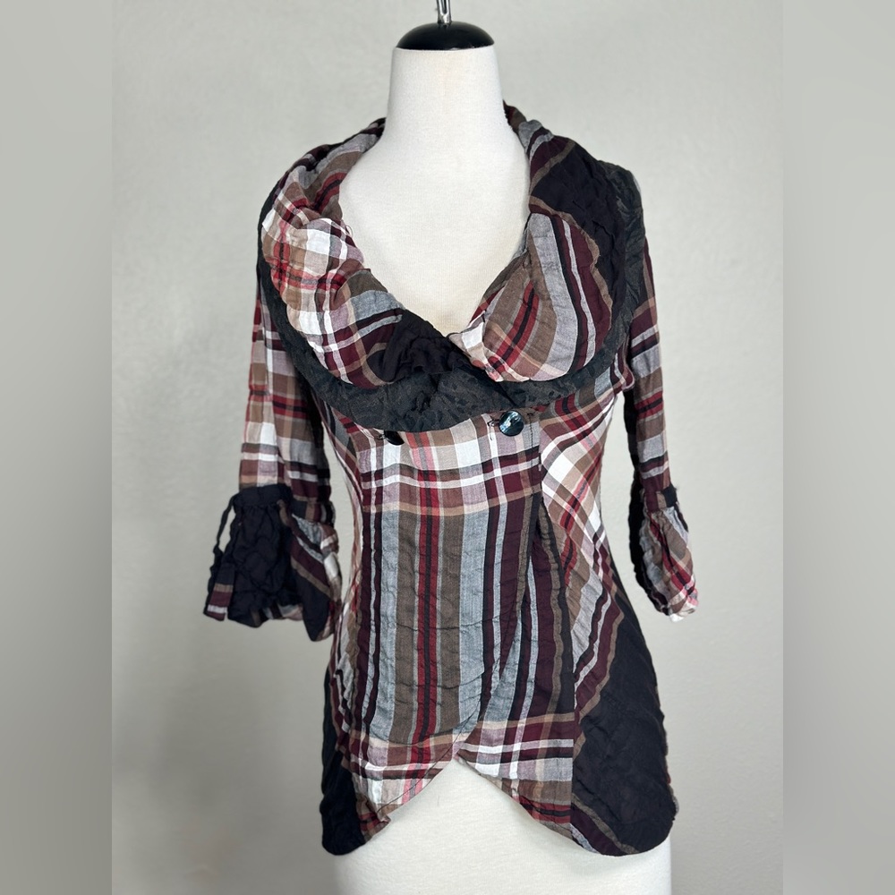 Finley Plaid Draped Collar Blouse in Black, Brown, Cream, Red